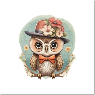 owl wearing a hat and a bow tie Posters and Art